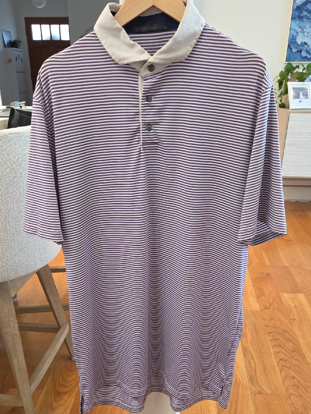 Greyson Men's Purple and White Striped Polo Shirt with Contrast Collar (L)